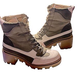 Shoe Dazzle Wm’s Sz 8 Ember Pink Green Patch Lug Sole Lace Up Ankle Booties